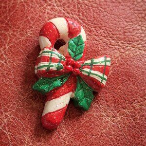 Candy Cane Holiday Holly Leaves Plaid Bow Vintage Lapel Pin Brooch